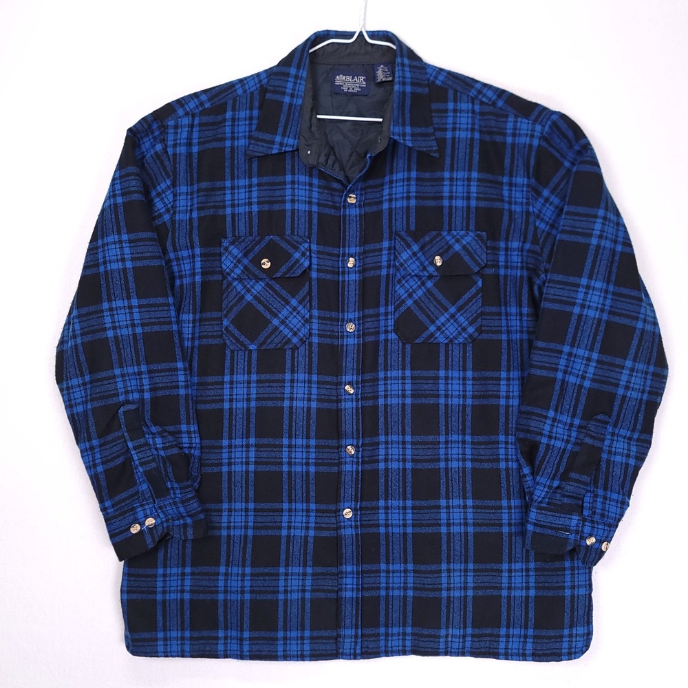 Blair Mens‎ Blue Black Plaid Quilted Flannel Shirt Jacket XL Vintage Shacket